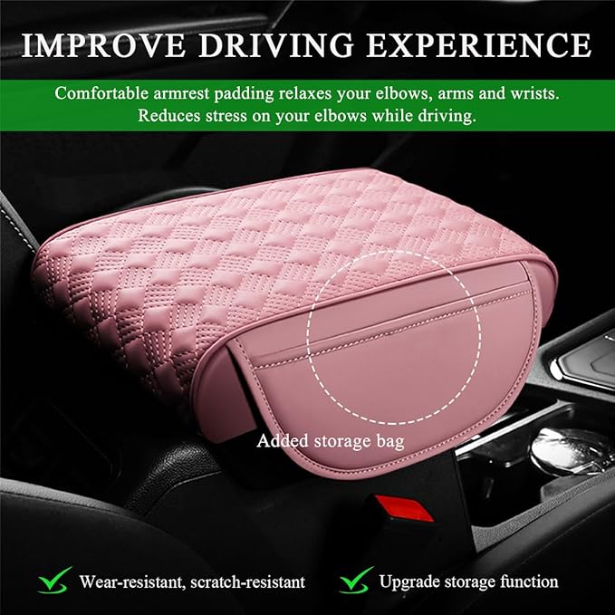 Car Armrest Cushion, 12.6"×8.7" Waterproof Leather Center Console Cover with Pocket, Auto Comfortable Memory Foam Middle Console Elbow Pillow Cushion Pad, Car Accessories (Pink)