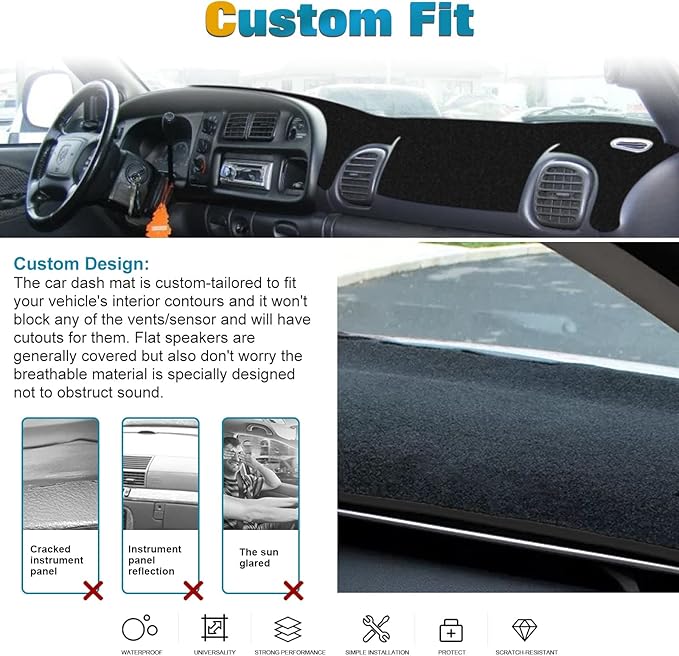 x xotic tech Center Console Dashboard Mat Pre-Cut Non-Slip Sunshield Sun Glare Protector Dash Carpet Pad Black Cover Compatible with Dodge Ram 1500 2500 3500 1998-2001
