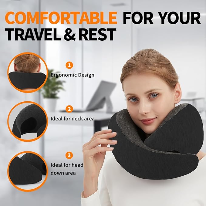 Ziixmile Travel Neck Pillow for Airplane – Memory Foam 360° Support Compact Design Ergonomic Flight Pillow for Sleeping & Neck Support Portable Travel Pillows for Adults, Car, Office Home (Black)
