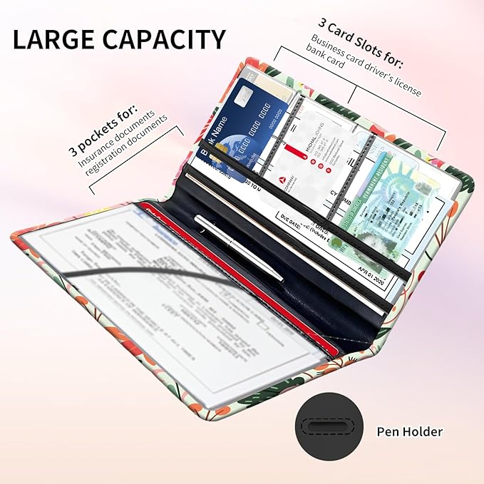 BAUCIWLD Premium Car Registration and Insurance Card Holder, Cute PU Leather Car Document Holder, Vehicle Glove Box Car Organizer with Magnetic Closure for Driver License, Cards Bright Exotic Floral