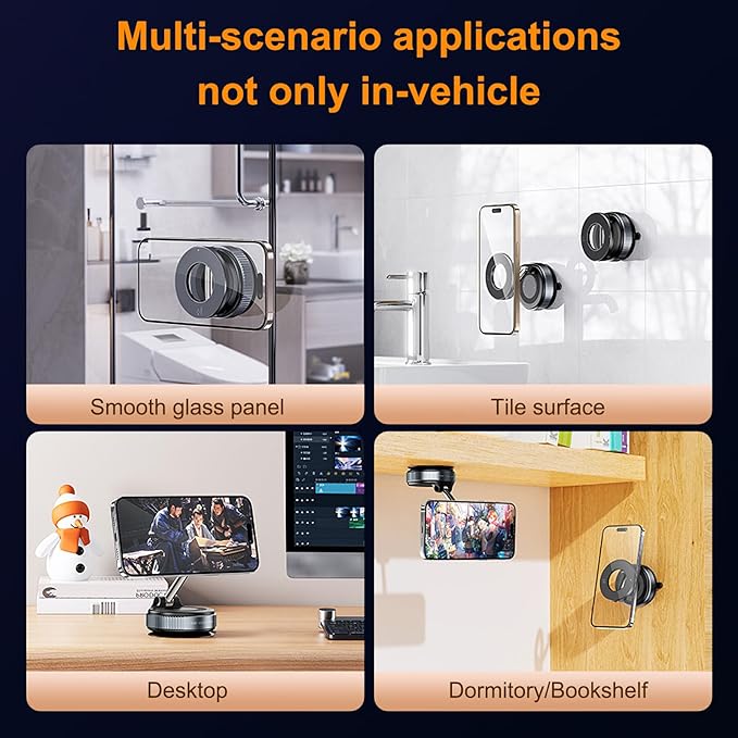 2026 Design Powerful Magnetic Car Phone Holder – 360° Rotating Silicone Vacuum Suction Mount for Dashboard Universal Magnetic Mount Compatible with All iPhone, Samsung, Huawei, Xiaomi & More. (Black)