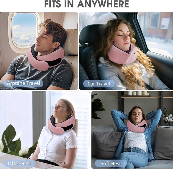 Dujuanus Neck Travel Pillows for Airplanes Memory Foam Neck Comfort Pillow Compact Ergonomic Design Sleeping Essentials for Long Flights Car Rides and Home Use (Pink)