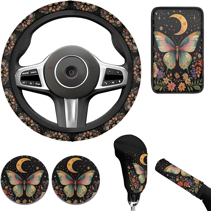 6pcs Butterfly Steering Wheel Cover Women Flower Moon Car Interior Accessories Cup Holder,Handbrake Gear Cover Auto Decor Protector for Car Truck SUV