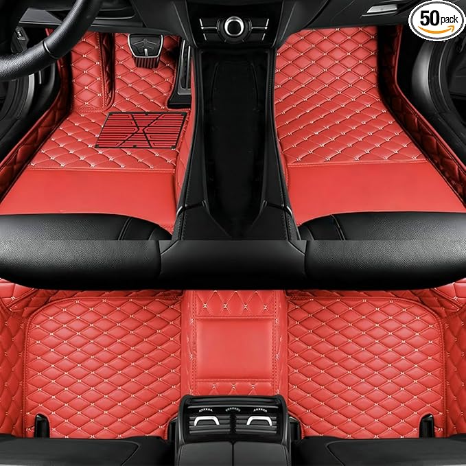 Custom Personalized Floor Mats for Cars，Luxury Full Coverage All Car Floor Mats，Anti-Slip Leather Car Mat Set ，Custom Floor Mats for 99% of Cars, Trucks & SUVs. (Red Beige)