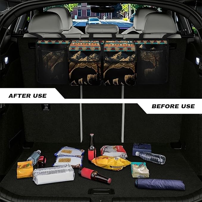 CLOHOMIN Southwest Aztec Bear Car Truck Organizer Cargo Storage Bag with 4 Pockets Backseat Hanging Organizer Car Accessories