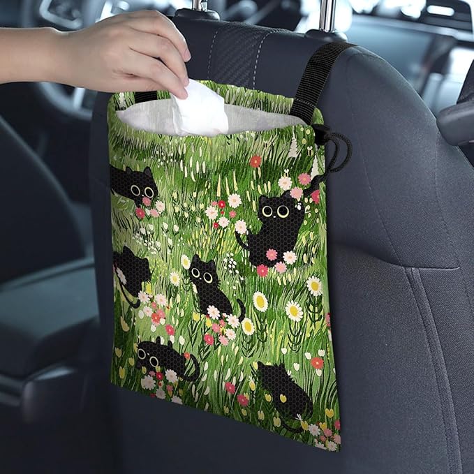 GEGEPINK Car Trash Bag Hanging Back of Seat Waterproof Small Cute Printed One-Handed Strap Drawstring Garbage Bags for Car-Black Cat Floral