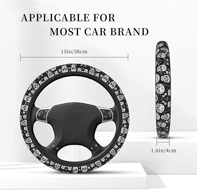 Skull Floral Flower Pattern Car Steering Wheel Cover, 15 Inch Steering Wheel Cover Stylish Decor for Most Cars
