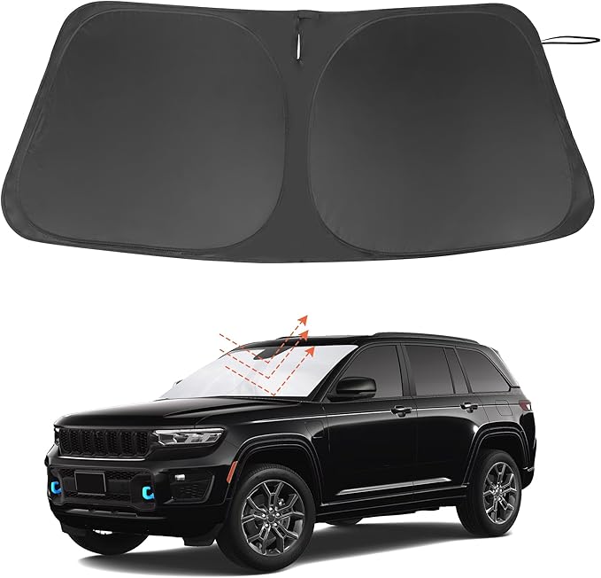 Windshield Sun Shade Custom Fit for 2024 Jeep Grand Cherokee 4XE Accessories Foldable Sunshade Sun Blocker Protect Car from Sun Rays & Heat Damage Keep Car Cooler