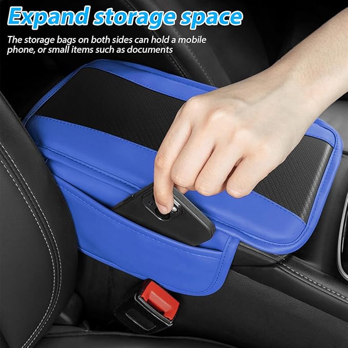 Mandark Car Center Console Cover with 2 Storage Bags, Auto Interior Arm Rest Storage Box Pad Accessories, Carbon Fiber Leather Vehicle Armrest Cushion, Universal for SUV, Truck, RV (Blue)