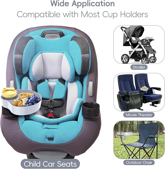 2PCS Resptasski Car Seat Cup Holder Snack Tray for Kids – Travel Tray for Car, Booster, Stroller, Outdoor Essentials Kit. Universal Adjustable Tray with Detachable Base for Snacks, Toys, Food (Grey)