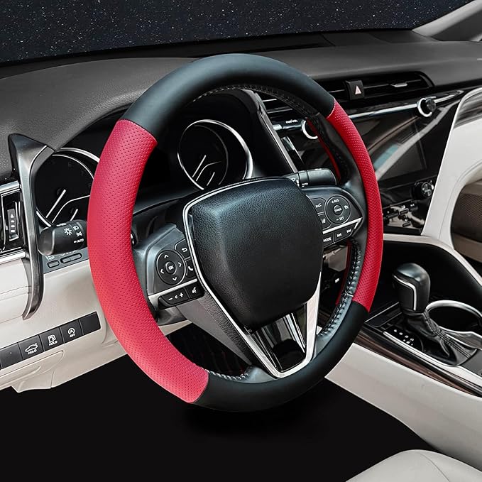 Mihecor Steering Wheel Cover Standard Size 14.5-15 inch, Non-Slip Car Wheel Cover Protector, Breathable Microfiber Leather, Black and Red
