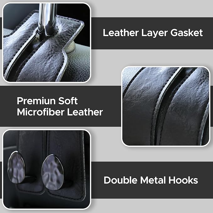 URIZZD 2PCS Leather Car Seat Hooks for Headrest, Vehicle Hanger Storage Organizer Universal for Handbag Purse, Car Accessories Gift (Black-Black)