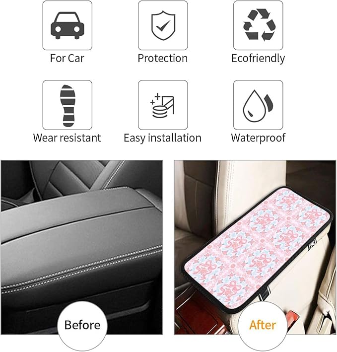 Rose Pink Bows Center Console Cover Pad,Car Armrest Seat Box Cover Cushion Universal for Most Vehicle SUV Truck,Car Interior Accessories Decor,Protect from Pet Claws & Dirt