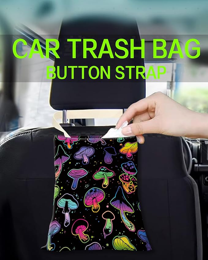 ANKVRP Car Garbage Can, Hanging Car Trash Can Bag for Vehicle, Travelling, Camping, Cute Car Back Seat Organizer, Luxury Purple Mushrooms