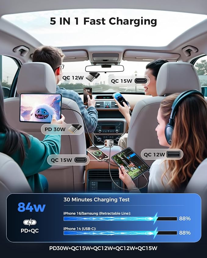 2025 Ultra-Compact SUPERONE Retractable Car Charger, 5 in 1 Car Phone Charger with Dual Cables, 84W Fast Charging USB C Car Accessories Adapter for iPhone 17/16/15/14/13/12/11, Galaxy, Pixel