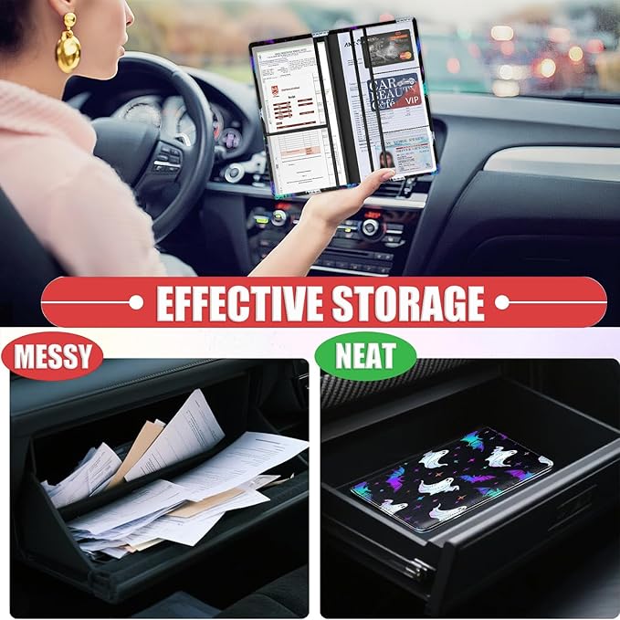 Car Registration Holder, PU Leather Vehicle Card Document Glove Box Organizer, Women Interior Auto Accessories Case for Cards, Driver License Car Insurance Holder, Halloween Cute Ghosts + Bats