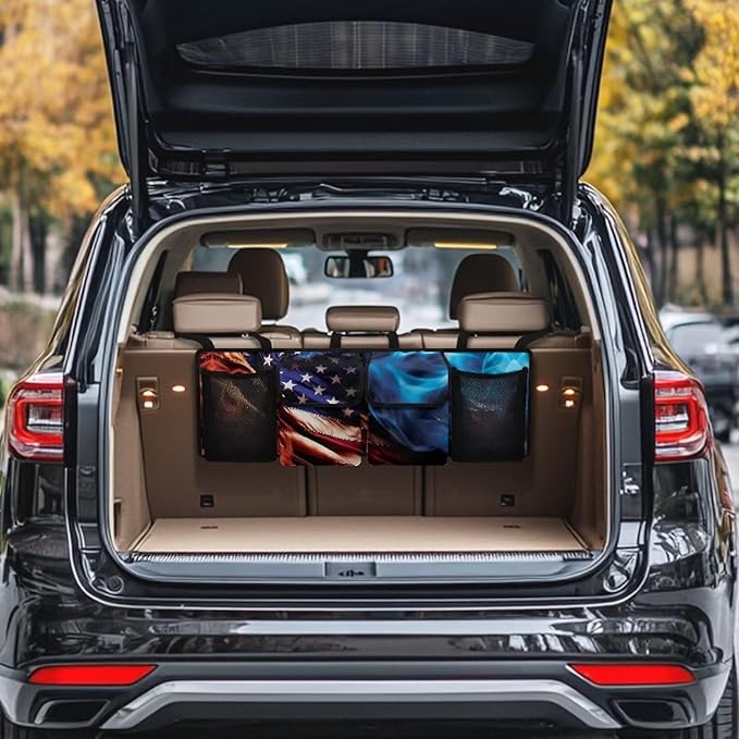 American Flag Fire Car Trunk Organizer and Storage, Backseat Hanging Organizer with 4 Waterproof Storage Bag with Adjustable Straps - Car Interior Accessories for SUV, Truck, Van, Cargo