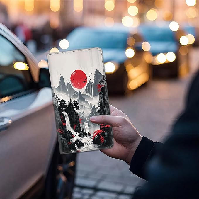 Car Registration Holder, PU Leather Vehicle Card Document Glove Box Organizer, Women Interior Auto Accessories Case for Cards, Driver License Car Insurance Holder, Red Moon Japanese Landscape