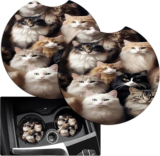 JANENFNA Car Armrest Cover Pads Universal Fashion Cute Auto Center Console Armrest Cover Pad with 2PCS Car Coasters Soft Waterproof Car Armrest Seat Protector for Women,Bunch of Cats