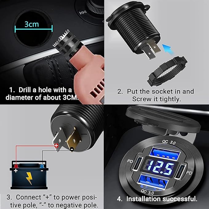 Upgraded 12V USB Charger with 4 Ports - Aluminum Alloy Car Outlet with LED Voltmeter for Cars, Golf Carts, Boats, RVs, Trucks, and Motorcycles (Pack of 2)