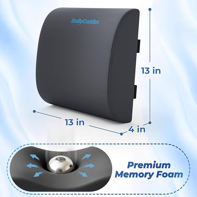 DailyCuddles Lumbar Support Pillow for Office Chair Back Support - Memory Foam Lumbar Pillow for Car or Gaming Chair, Ergonomic Back Cushion with Adjustable Strap for Long-Hour Sitting (Grey)