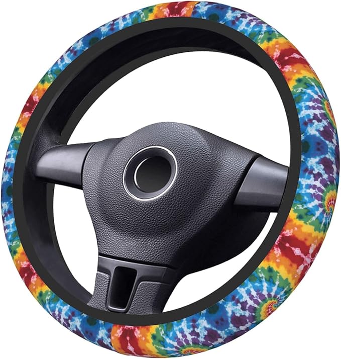 Tie Dye Print Car Steering Wheel Cover, 15 Inch Steering Wheel Cover Stylish Decor for Most Cars