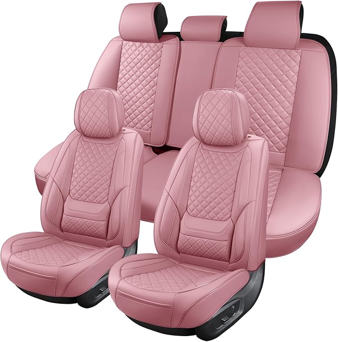 hoozoom Leather Car Seat Covers Full Set Breathable Automotive Seat Covers Waterproof Seat Protectors Universal Fit for Most Automotive Cars SUV Trucks Van (Pink, Full Set)