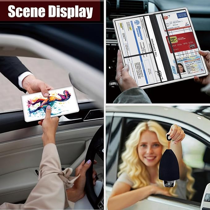 Car Document Holder with Magnetic Shut, Car Registration and Insurance Card Holder, Vehicle Glove Box Organizer Documents, Driver License, Auto Paperwork Organizer Wallet, Colorful Watercolor Dinosaur