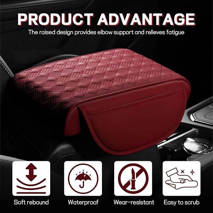 Hbxdeco Car Armrest Cushion, 12.2"×8.3" Leather Auto Memory Foam Center Console Pad with Storage Pocket, Waterproof & Anti-Scratch Elbow Pillow Armrest Seat Box Protector, Universal Fit (Red)