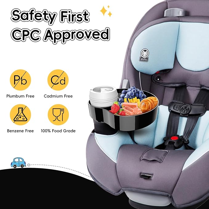 Kids Car Seat Tray, Travel Tray with Cup Holder for Toddler, Baby Car Seat Food Snack Organizer for Road Trip, Stroller snack tray travel must haves (Black 2 Packs)