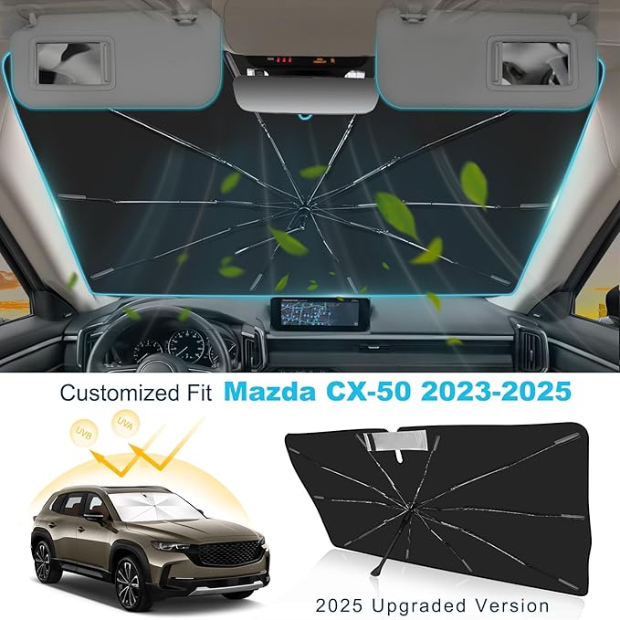 2025 Upgrade Windshield Sun Shade Umbrella Custom Fit for Mazda CX-50 2023-2025 Foldable UV Protection Car Cover, Emergency Rain Shield & Dashboard Protector - Durable Auto Accessory