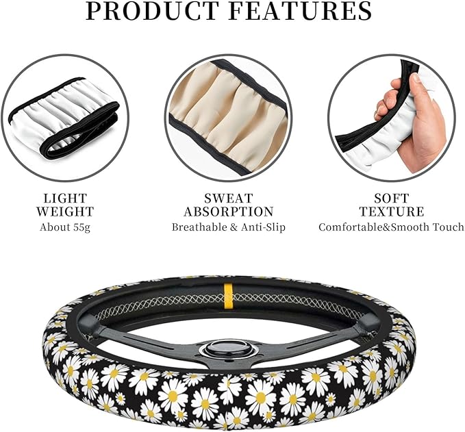 White Daisy Neoprene Steering Wheel Cover for Men Women Anti-Slip Elastic Steering Wheel Protective Cover 15in Universal Car Accessories Fit Cars, SUVs, Auto