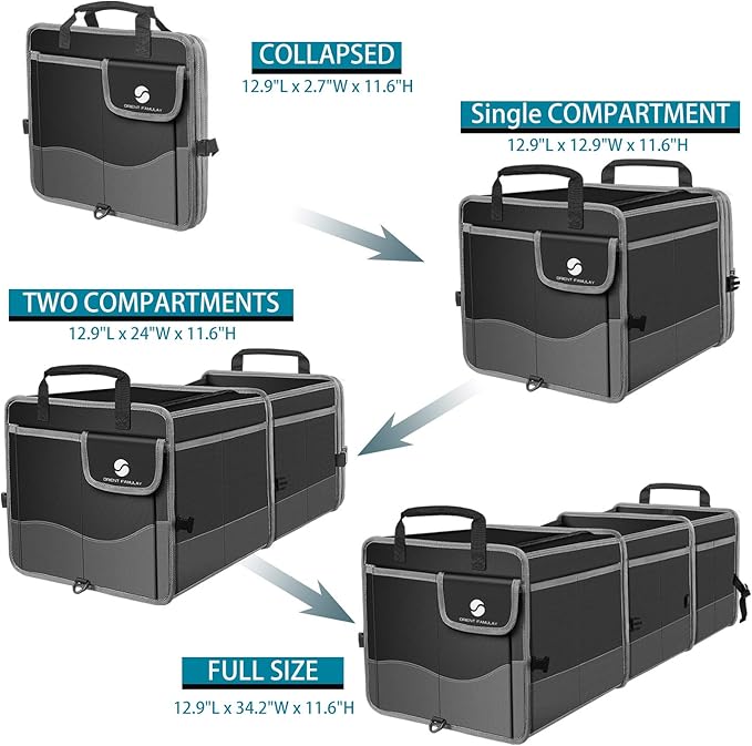Trunk Organizer with Cooler, Collapsible Trunk Storage Container with Non Slip Bottom Strips, Large Multi-Compartment Waterproof Car Trunk Organizer Groceries for Vehicle Sedan, Suv, Truck,Van(Black)