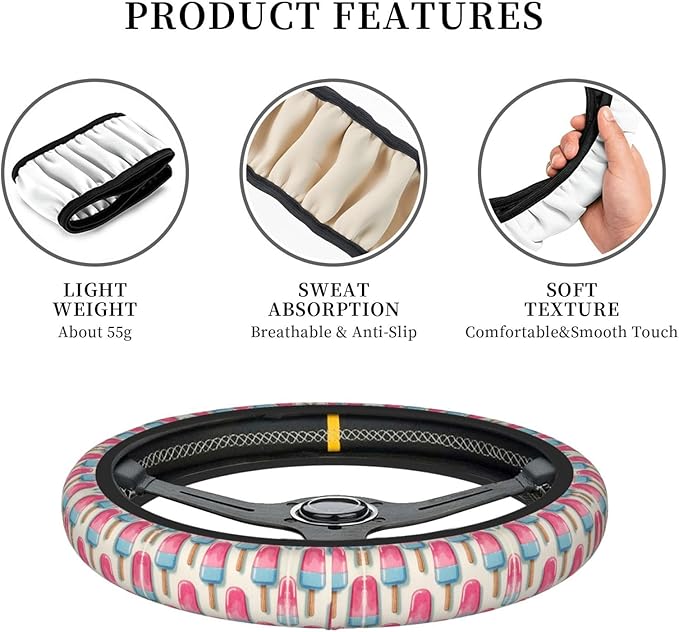 Ice-Pop Sicle Watercolors Car Steering Wheel Cover, 15 Inch Steering Wheel Cover Stylish Decor for Most Cars