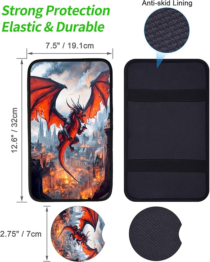 JANENFNA Car Armrest Cover Pads Universal Fashion Cute Auto Center Console Armrest Cover Pad with 2PCS Car Coasters Soft Waterproof Car Armrest Seat Protector for Women,Fire-Breaking Evil Dragon