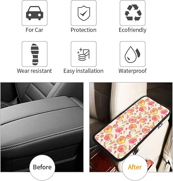 Vintage Colorful Pink Flowers Car Center Console Cover Car Armrest Cushion Waterproof Middle Console Cover Car Arm Rest Cover Pad Comfortable Car Accessories Interior for SUV Sedan Truck