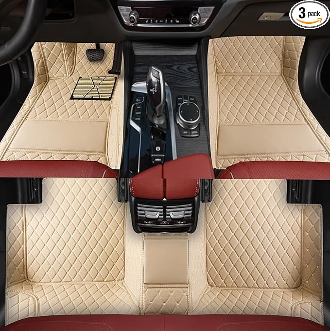 Custom Car Floor Mats Fit 96% Car Model Luxury Leather Waterproof Anti-Skid Full Coverage Liner Front Rear Mat/Set (Beige)