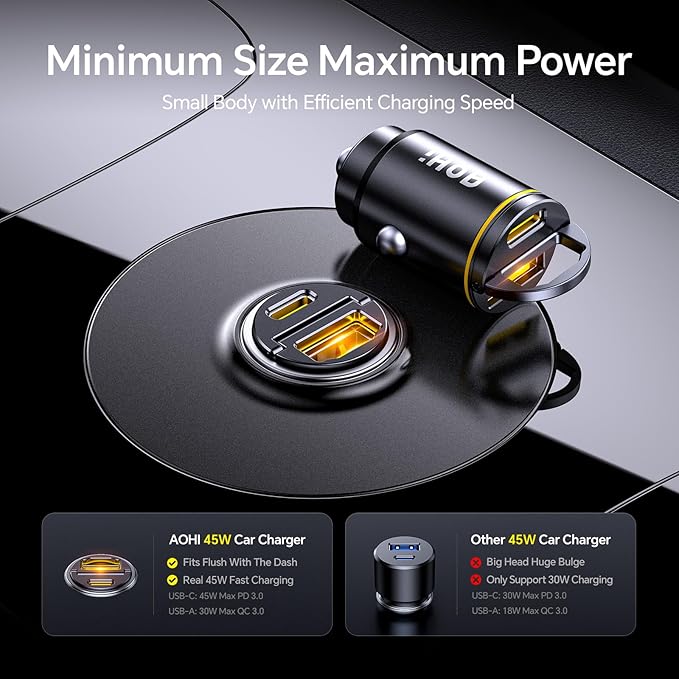 AOHI USB C Car Charger, PD 45W&QC 30W 2 Port Type-C Fast Charging Car Charger Lighter for MacBook Pro/Air, iPhone 17/16 /15Series, Galaxy S24 / S23, iPad Pro, AirPods and More