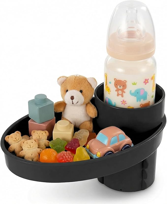 Car Seat Tray - for Cup Holders in 2.5”-2.8”,Easily Expands Snack Tray Cup Holder Tray into 360° Cup & Travel Tray for Kids Car Seat, Booster, and Stroller (Black)