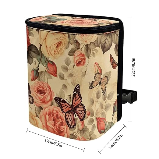 Rose Car Trash Can Hanging,Vintage Rose Floral Butterfly Auto Garbage Bag with Lid Seat Leak Proof Easy to Install Universal Fit Most Vehicle Back/Front/Console of Any Cars,Rose Car Accessory