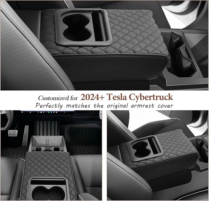 SKTU 2024 2025 2026 Cybertruck Center Console Cover for 2024 2025 2026 Tesla Cybertruck Armrest Cover 2024 2025 2026 Cybertruck Accessories Cybertruck Console Cushion (Black Stitches with Cupholders)