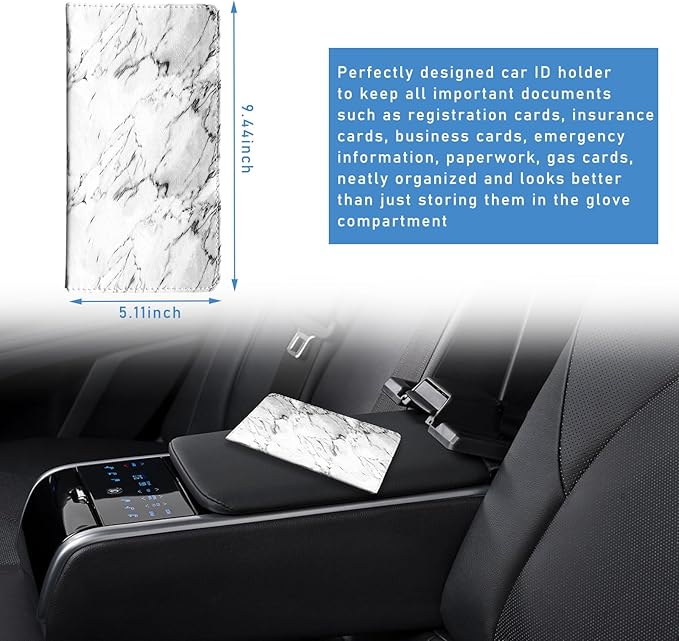 Ziciner Car Registration and Insurance Holder, Auto Card Document Glove Box Organizer with Magnetic Closure, Universal Vehicle Interior Accessories for Cars SUVs (Marble White-Large)