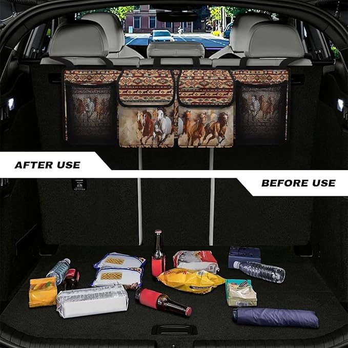 Back Seat Trunk Organizer Running Horses Tribal Hanging Car Organizer Trunk Foldable Cargo Storage with Pockets& 3 Adjustable Straps 37.01x11.81 inch