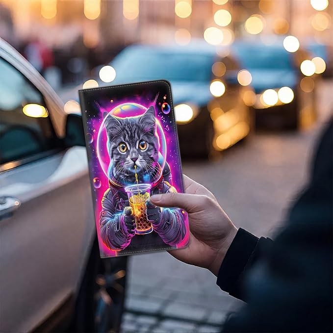 Car Registration Holder, Waterproof PU Leather Vehicle Card Document Glove Box Organizer, Women Interior Auto Accessories Case for Cards, Driver License Car Insurance Holder, Astronaut Cat Bubble Tea