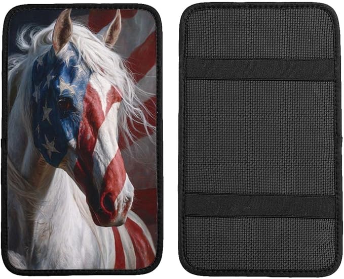 American Flag Horse Center Console Cover Pad, Car Armrest Seat Box Cover Cushion Universal for Most Vehicle SUV Truck, Car Interior Accessories Decor, Protect from Pet Claws & Dirt