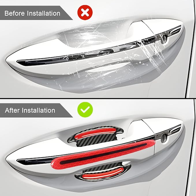 8Pcs 3D Door Handle Cup Protector, Reflective Stripe Stickers, Anti-Scratch, Universal, Suitable for Cars, Trucks, SUVs (Red)
