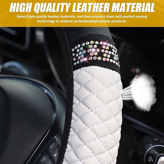 Bling Car Steering Wheel Cover, 15 Inch Crystal Rhinestone Elastic Stretch Leather Steering Wheel Protector, Vehicle Decor Accessories for Women Girls, Universal for RV, SUV, Truck (White)
