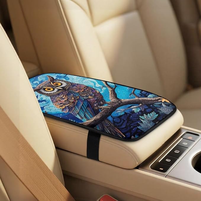 Qeluxign Owl 5-Piece Car Accessories Set Universal Fit PU Leather Seat Covers Seatbelt Pads and Armrest Cover for Cars, Trucks, SUVs