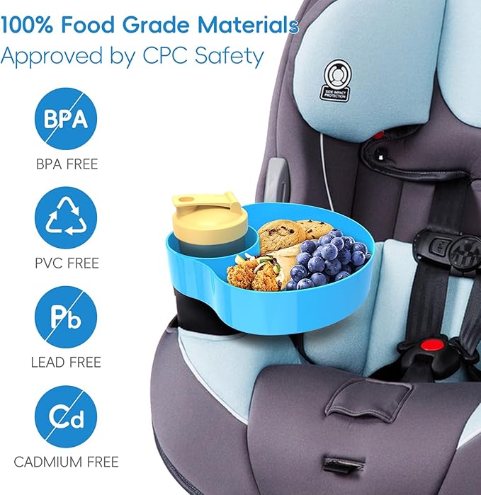 2PCS Resptasski Car Seat Cup Holder Snack Tray for Kids – Travel Tray for Car, Booster, Stroller, Outdoor Universal Adjustable Tray with Detachable Base for Snacks, Toys, Food (Sky Blue)