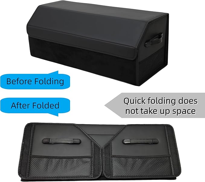 Venotxvi Car Organizers for Trunk for Suv Sedan, Leather Storage Box,Extra Large,Magnetic Lid,Collapsible and Adjustable, Collapsible Suede velvet， Black
